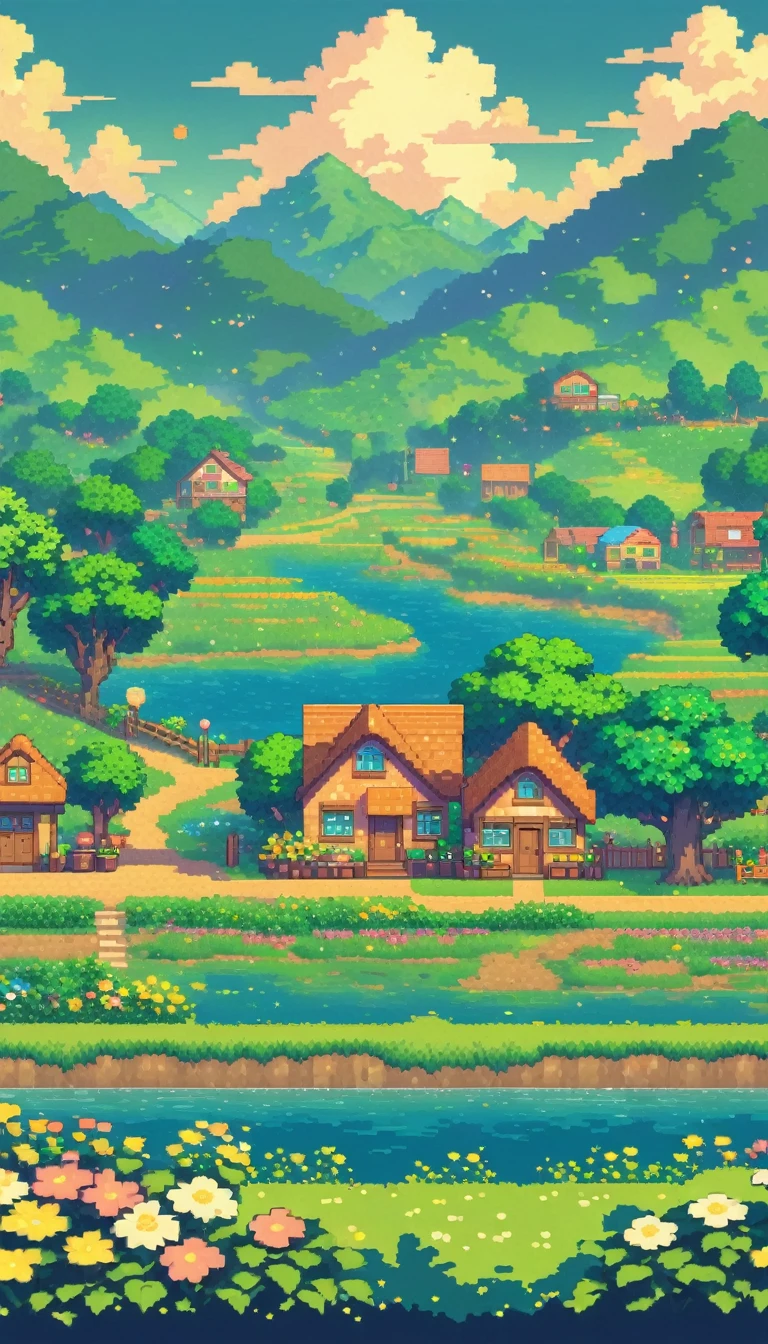 ultrawide landscape lofi stardew valley pixel, kawaii city, No people