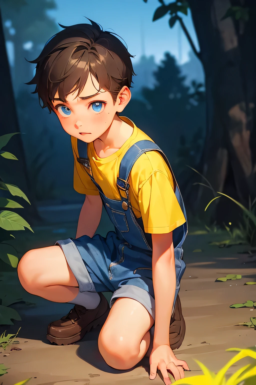 1boy, young little british boy in overalls with shorts and a yellow shirt underneath, dynamic knee poses, glowing blue eyes, outdoor, close-up