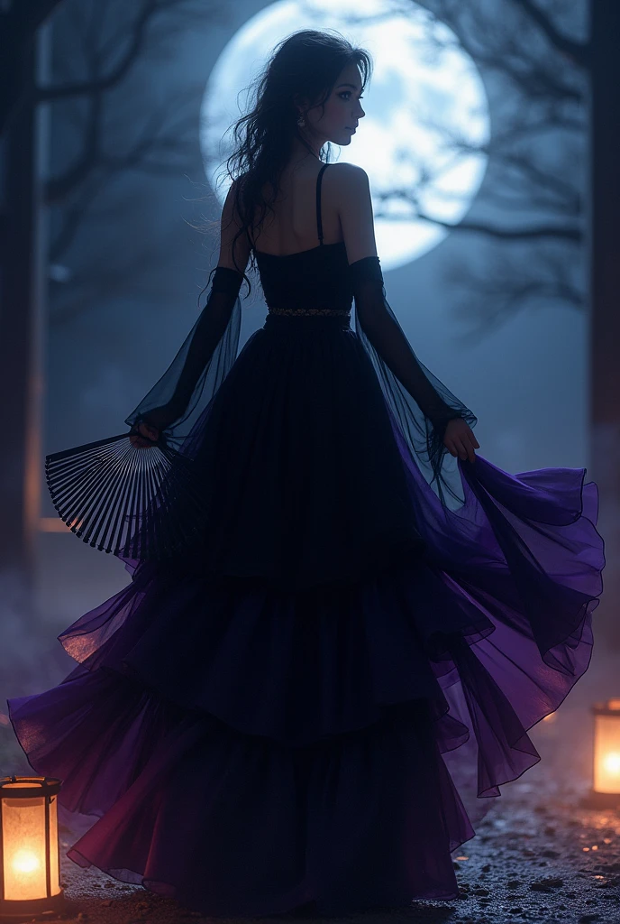 Western woman in black and purple seven-layer skirt with fan in hand looking sensual at night 