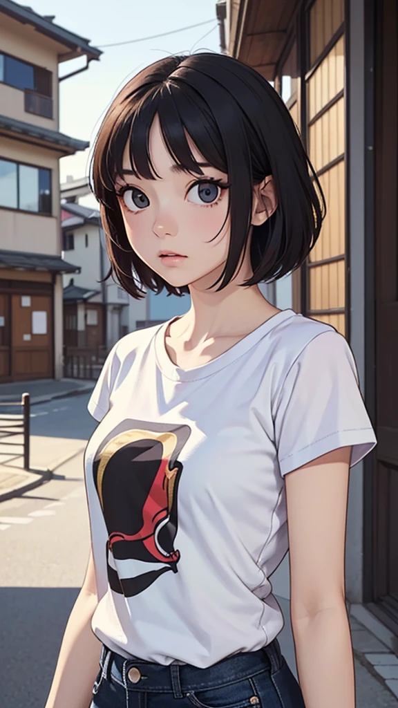 (((masterpiece, best quality, ultra highres, 1 girl, solo, no background))), super detailed skin and face and eyes, beautiful japanese woman, skinny, light black hair, short hair, cowboy shot, The background should be simple, outline, anime, 2d, boyish, expressionless, cartoon, upper body, t shirt,