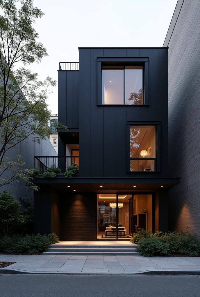 A sleek, minimalist black villa sits in the heart of bustling New York City, USA. Its sharp lines and monochromatic facade exude elegance and modernity. The image, perhaps a photograph, captures the villa in exquisite detail, showcasing its pristine architecture against the dynamic city backdrop. Every angle and curve of the villa's design is flawlessly captured, emphasizing its meticulous construction. This captivating image truly showcases the epitome of contemporary style and sophistication in the urban landscape.