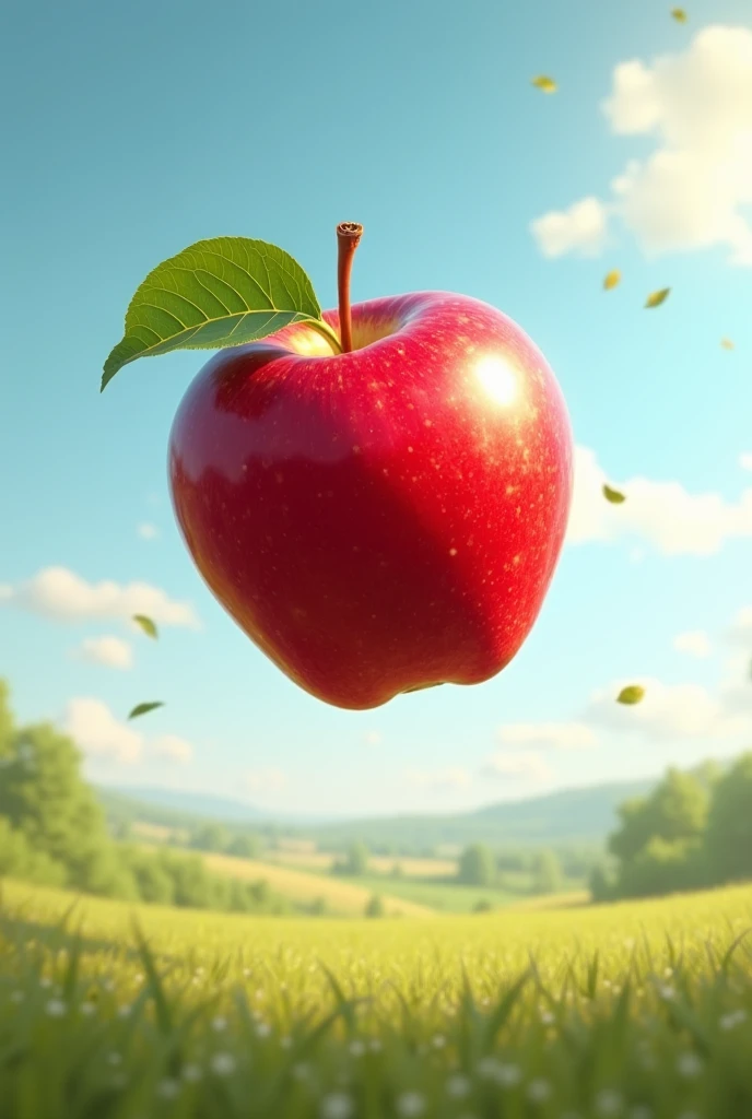 An apple falling from the sky and about to turn into a juice box