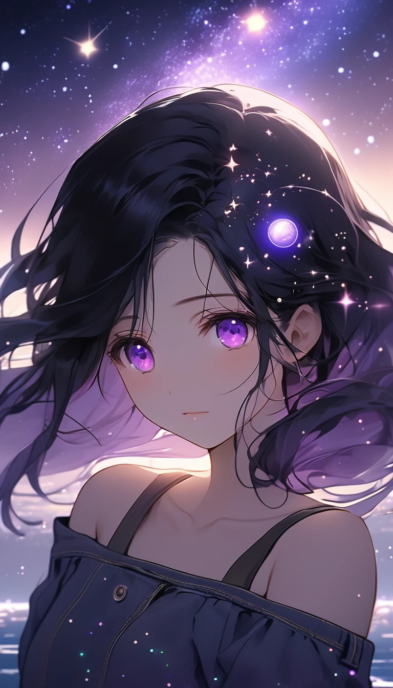 standing in front of a lake with a space theme, primarily in purple and white colors. The background should feature glowing stars, constellations, and comets scattered across the sky. Include a large, ringed planet in the lower left corner, with smaller planets and star-shaped accents throughout the scene. Add subtle nebula clouds and a gradient from dark purple to lighter shades, creating depth and a sense of vast space., Long black hair and purple eyes、An adult character wearing a black off-the-shoulder light denim top。She has purple hairpins in her hair、Straight face。Light up your face in a dimly lit atmosphere。Emotional atmosphere。Upper body close-up。front。