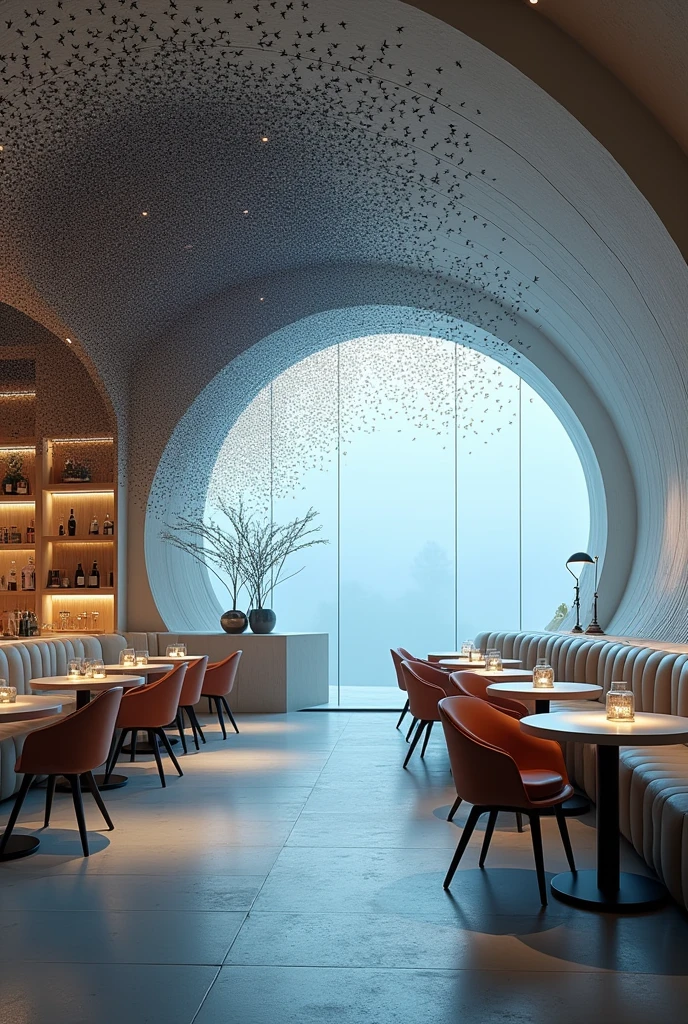 Interior design if a cafe with the theme of murmuration
