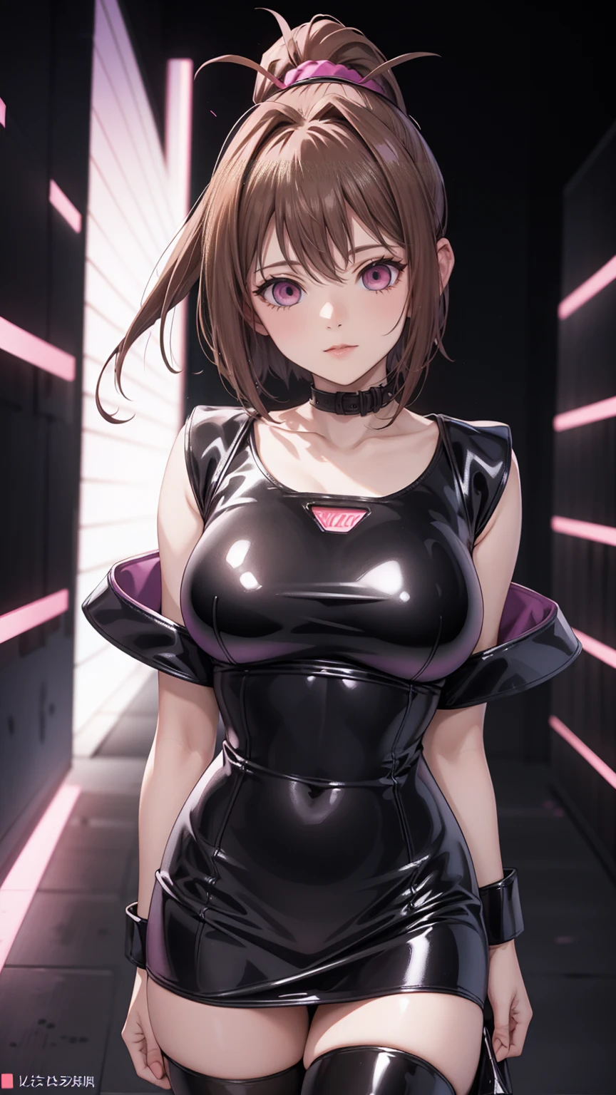 1 girl,Browsing Caution,  Kyoko Masaki,(Yu-Gi-Oh!),Unsdef,Short hair, brown hair, headdress, high ponytail, ponytail,huge breasts, clavicle, Glowing purple eyes,absurd, Brainwashing,empty eyes, ((expressionless,emotional deletion)), ((Black latex tight miniskirt)),avert one&#39;s eyes , full body portrait,((squat,open your legs, Put your arms behind your head.)), (best quality、4K、8k、high resolution、There must be:1.2)、very detailed、(reality、reality的なです、reality的な:1.37)、ticker、hyper hd、studio lighting、ultra high definition paint、sharp focus、Physically Based Rendering、extreme detail、professional specifications、Vitality and color、haziness、Sports Portrait、sight、horror style、animation big 、sf、picture、Concept Artist、five fingers, perfect body,  {{{masterpiece}}}, {{{best quality}}}, {{very detailed}}, {shape}, {{Very delicate and beautiful}},Improved performance/cost ratio、All roles、Canon 5D MK4でpicture、picture, 