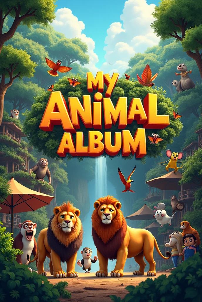 I want a cover with the title: MY ANIMAL ALBUM and a zoo image in the background. 