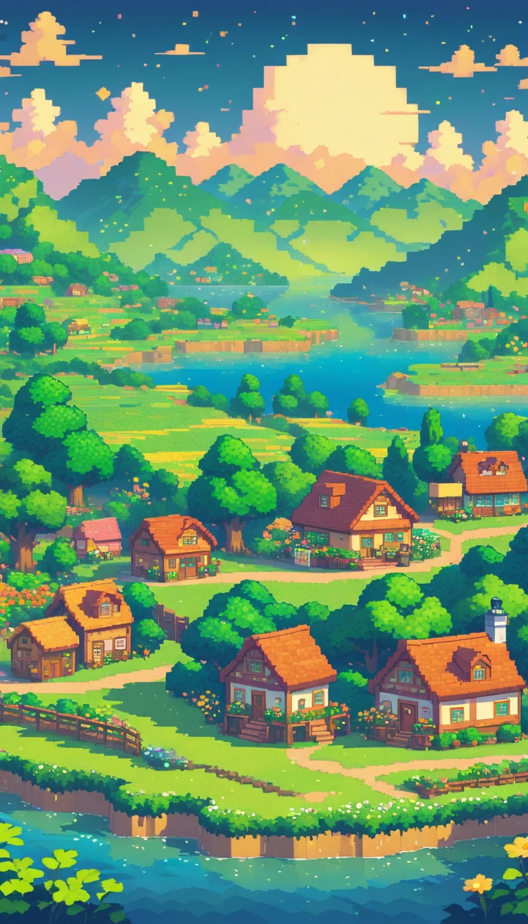 ultrawide landscape lofi stardew valley pixel, kawaii city, No people