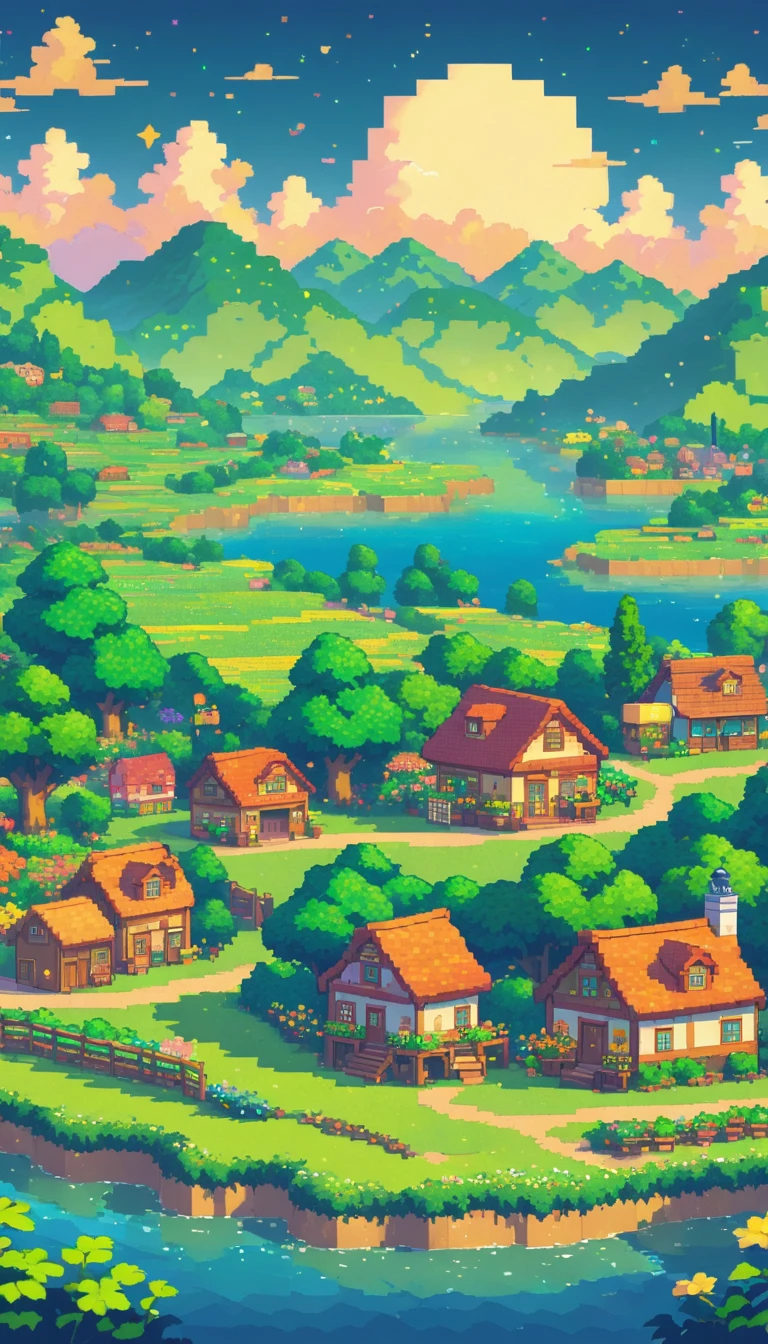 ultrawide landscape lofi stardew valley pixel, kawaii city, No people