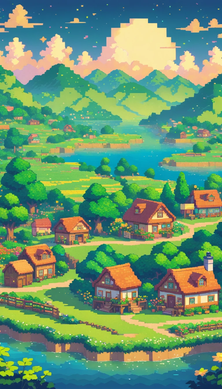 ultrawide landscape lofi stardew valley pixel, kawaii city, No people