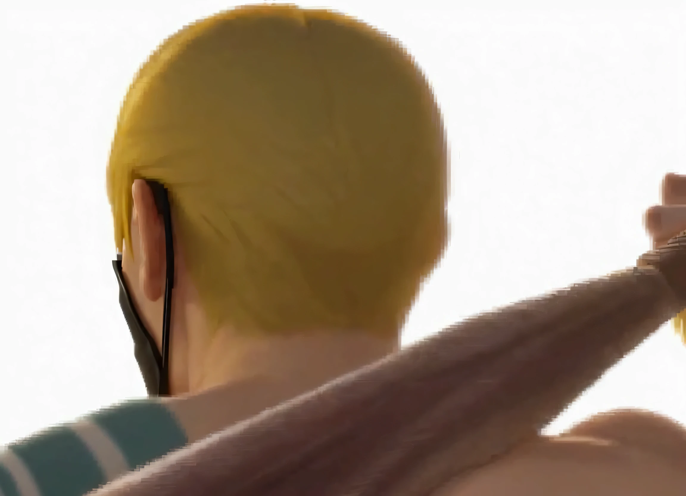 A close-up picture of the head from the back，Back of the head，Golden Inch Hair，True hair texture，Wearing a black mask，Carrying a baseball bat，Muscle male image，Naked upper body，There are tattoos on the shoulders，More hair details，ue5 render，3D Rendering，Cartoon Characters，Cartoon Style，8k ultra high definition