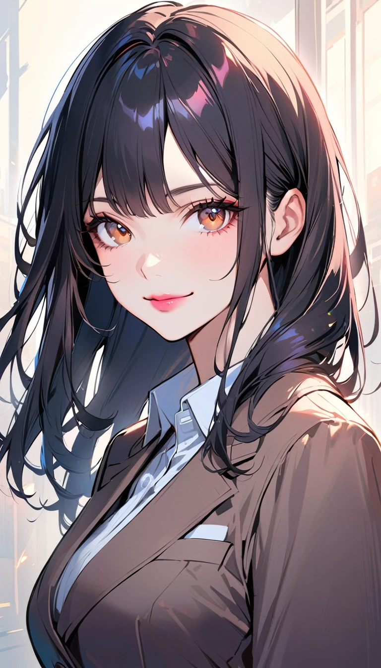 1woman, solo, medium straight hair, black Hair, brown eyes, smile, wear office worker attire, pink lips, looking at viewer, light lips, upper body, closed mouth