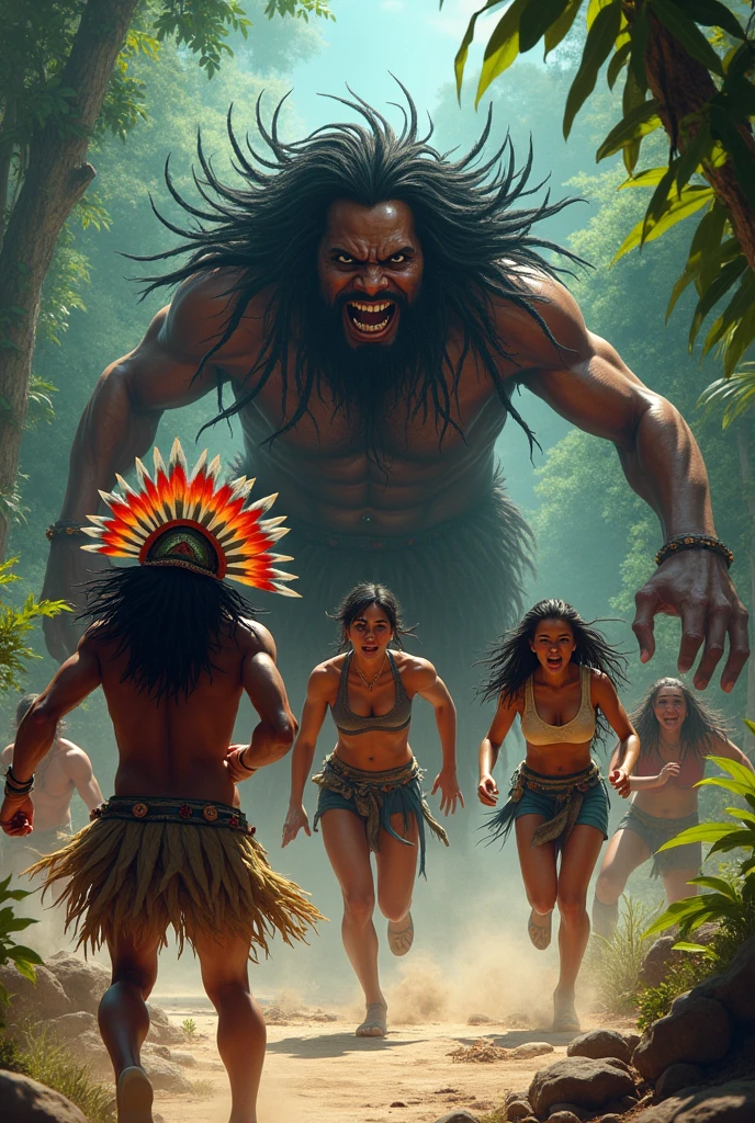 Make an Indian dressed in feathers and a stake running with a horrible black man with glasses and a white woman running from a fat cannibal woman