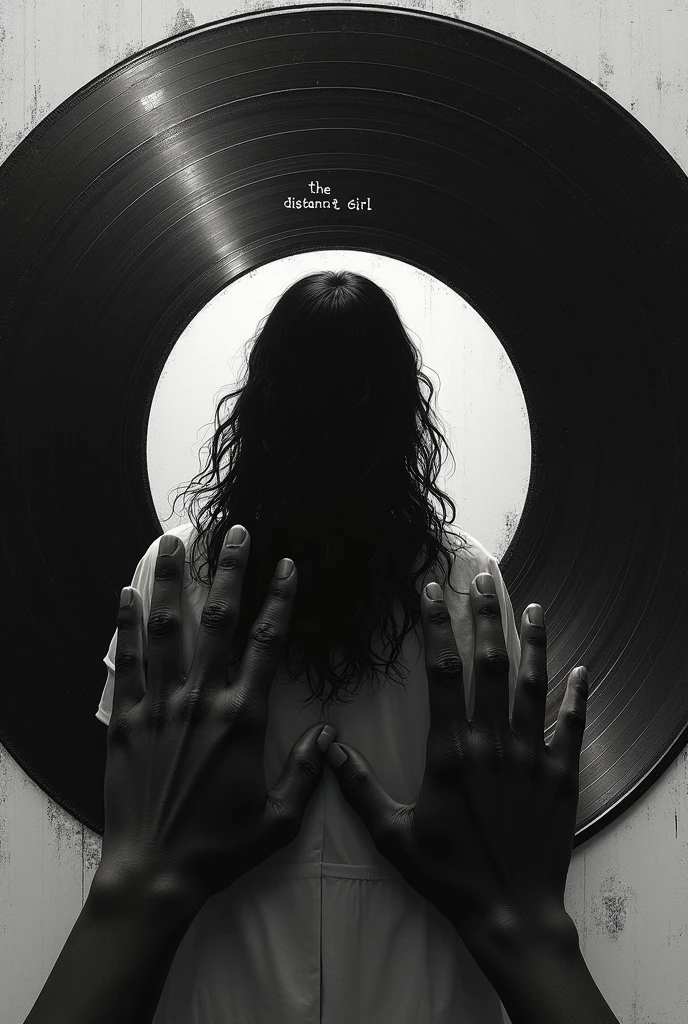 Music layer: LP record with a  girl with her back turned inside the record as if it were a mirror with her back turned, black curly hair and black and white image trying to hide and a black hand behind her trying to hold her and a written text: The Distant Girl