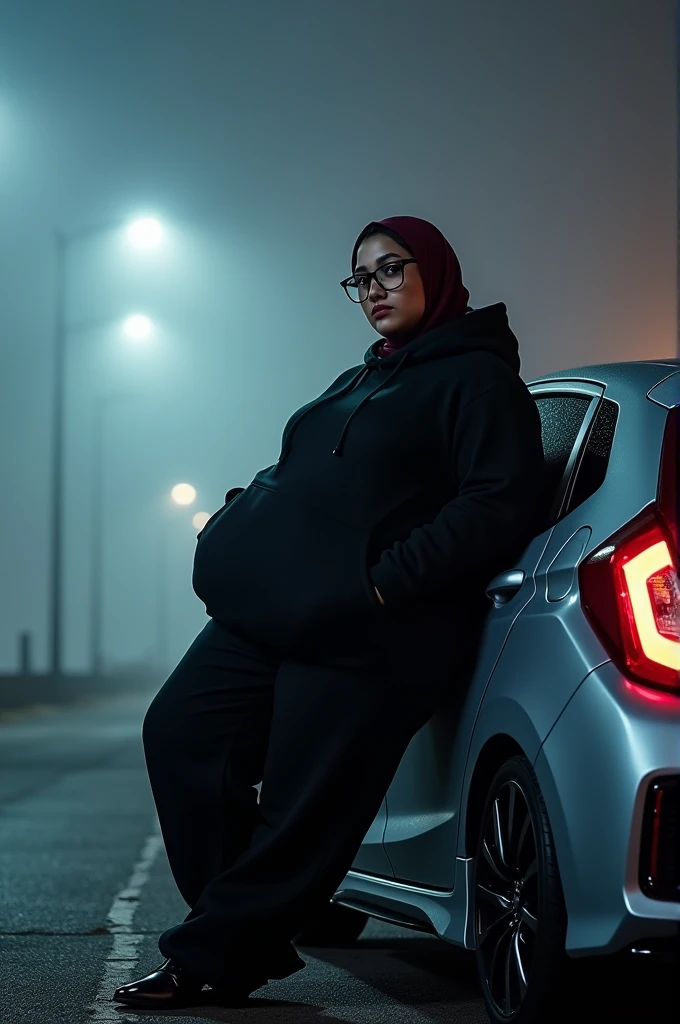 large fat girl with glasses, black hoodie, and jogger pants. wearing maroon hijab, and leaning on modified silver honda jazz gk5 rs 2018, foggy weather at night 