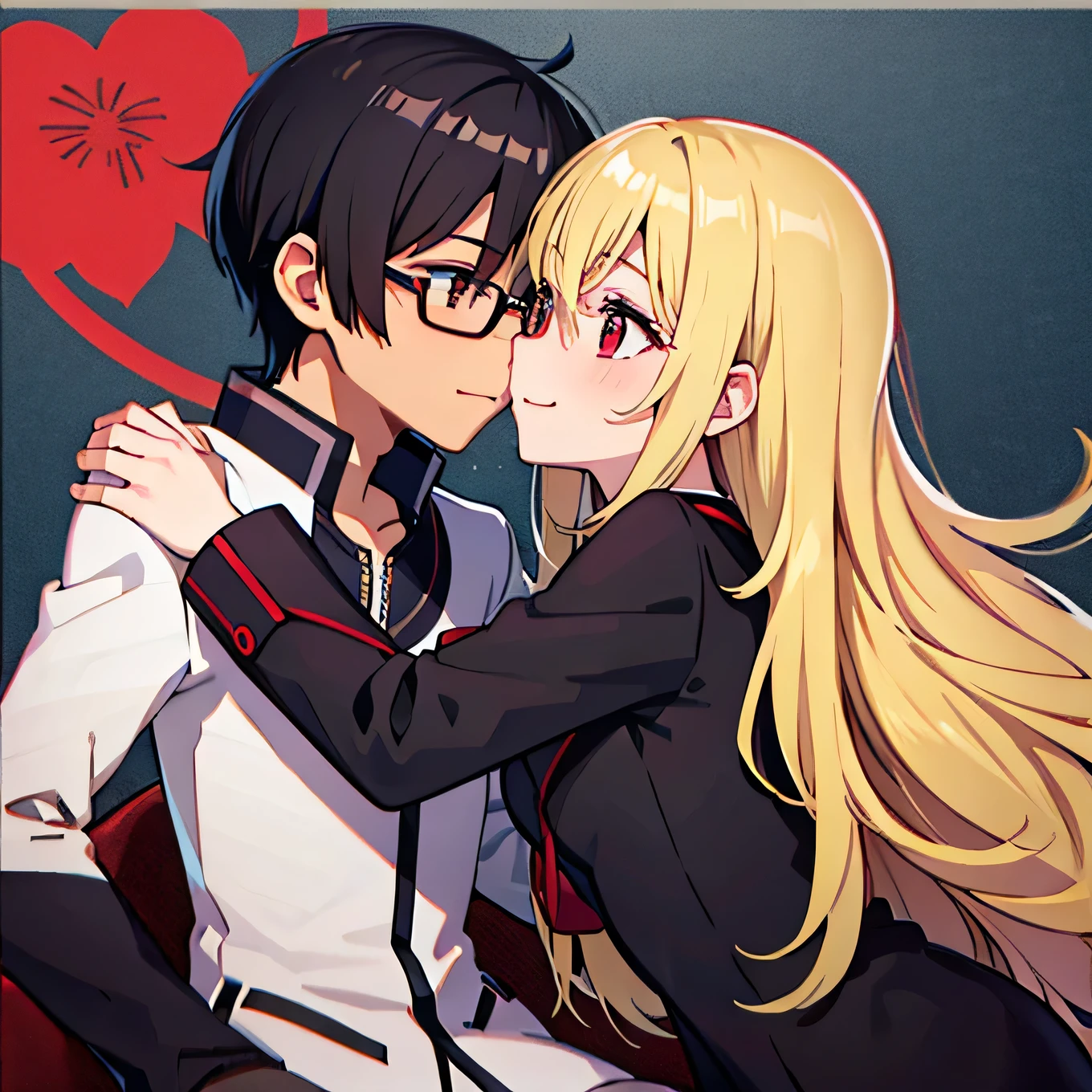 1 boy with black hair, Red jacket and glasses romantically kissing a girl with blonde hair and red eyes. Flower field in the background., True love, blushing cheeks, high quality 