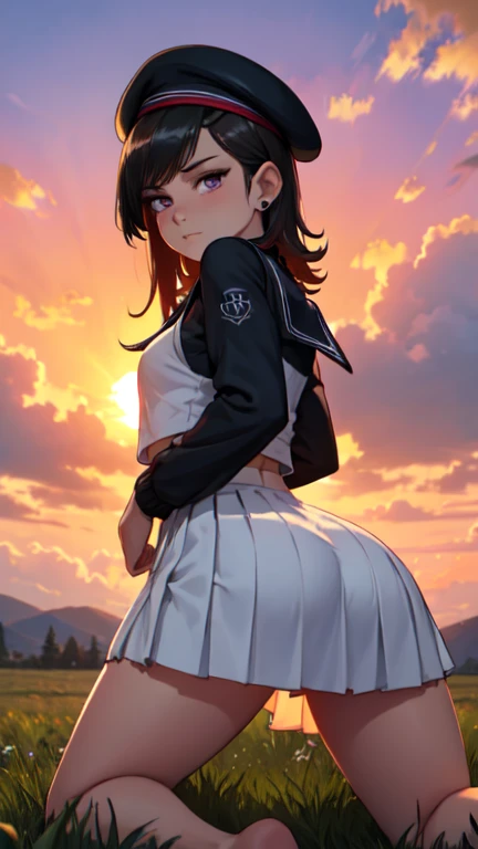 score_9, score_8_up, score_7_up, score_6_up, score_5_up, score_4_up, source_anime, aatomoyo, long hair, black hair, beret, white hat, straight bangs, purple eyes, small breasts, serafuku, white sailor collar, white scarf, black shirt, long sleeves, pleated skirt, white skirt on the side, field, sunset, wind, standing, cowboy shot, from the back, on all fours with her ass sticking out towards the camera, sexy position,