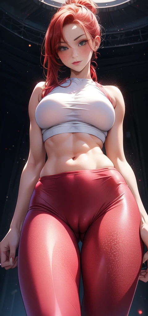 A young woman with red hair, light green eyes, and a few freckles, dressed in workout clothes. She is wearing bright white or pink leggings that are extremely tight and a matching cropped top, accentuating her athletic and well-defined body. The focus should be on a view from the back with a slightly upward perspective, revealing a large, well-defined buttocks marked by the leggings. The leggings should create a clear V effect in the groin area. Ensure the image is of exceptional quality with a subtle glow on her skin to enhance the visual appeal.
