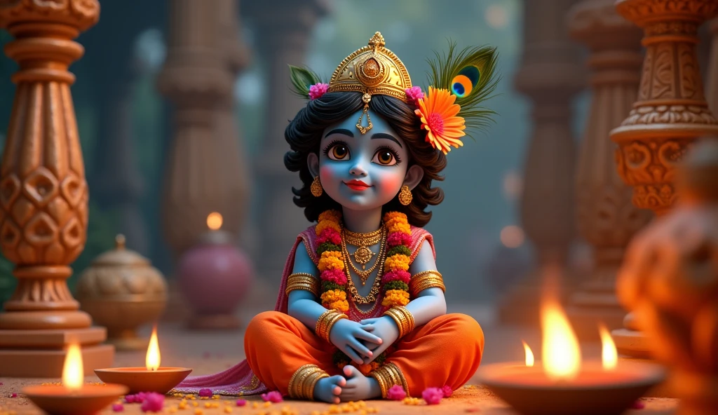 "Create a realistic, high-quality visual for Janmashtami greetings. The scene should feature a serene and vibrant depiction of Lord Krishna, adorned in traditional attire with intricate details. Include festive decorations, such as flower garlands, and a backdrop of a beautifully decorated temple. Add elements like small oil lamps (diyas) and a subtle, glowing light to convey the spiritual ambiance. Incorporate a greeting message in elegant, flowing script that says 'Happy Janmashtami' in both English and Bengali, ensuring it blends harmoniously with the visual theme."