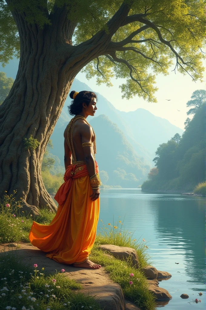 Krishna waiting for Radha in the river side in down of the tree Only genrate the photo