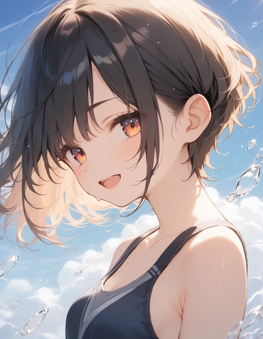 score_9, score_8_up, score_7_up, source_anime, best quality, masterpiece, official art, absurdres, highres, ultra-detailed,waifu2x,Collection: Slice of Life,break,1girl, short hair, pixie cut, flipped hair, small breasts, beautiful (well-shaped) breasts,slender,beautiful detailed eyes, sweat, gym shorts, (wavy mouth:0.3), open mouth, (Detailed Lighting),(Detailed background),outdoors, break,(clear line illustration:1.2), super detailed skin,very high resolution, very aesthetic, Best sexual lighting powered by famous artist, 8k, 16k, cute picture,beauty illustration,photoshop_(medium),,best anime 8k konachan wallpaper, pixiv contest winner,