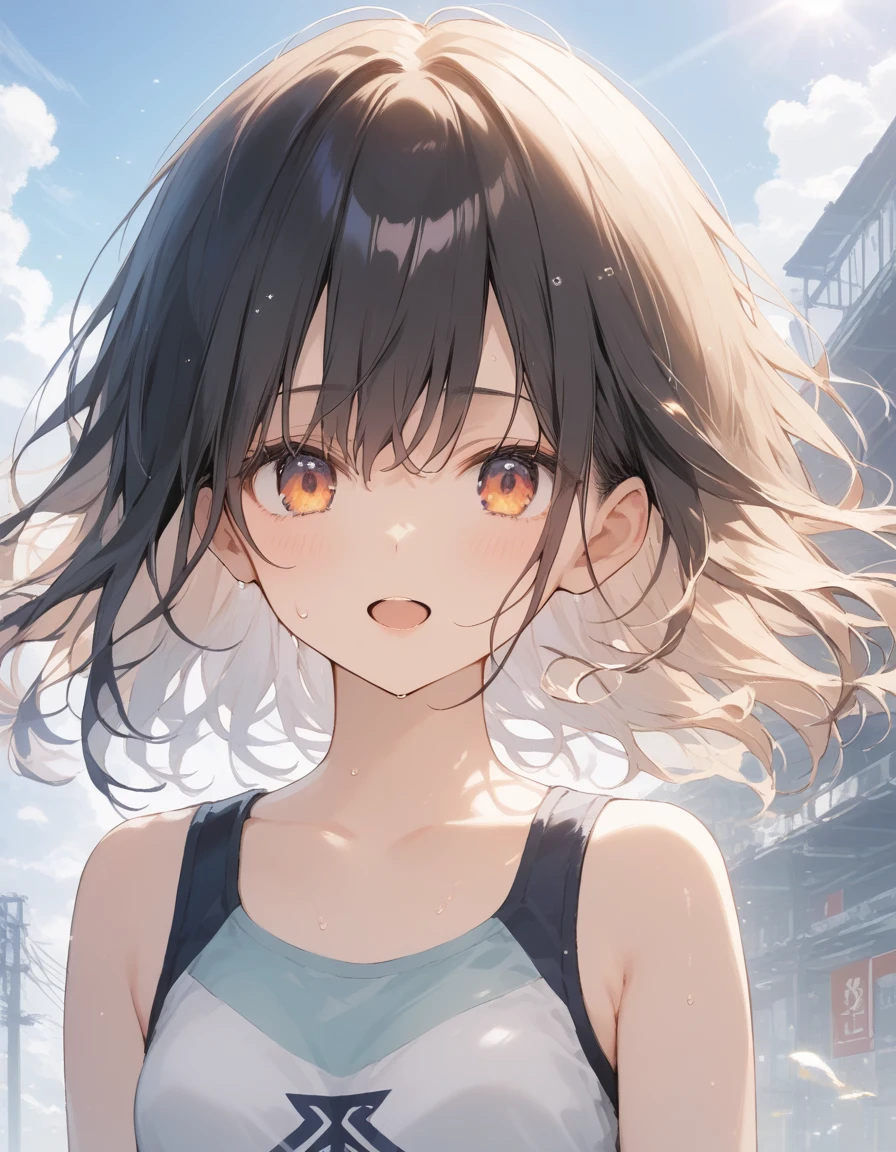 score_9, score_8_up, score_7_up, source_anime, best quality, masterpiece, official art, absurdres, highres, ultra-detailed,waifu2x,Collection: Slice of Life,break,1girl, short hair, pixie cut, flipped hair, small breasts, beautiful (well-shaped) breasts,slender,beautiful detailed eyes, sweat, gym shorts, (wavy mouth:0.3), open mouth, (Detailed Lighting),(Detailed background),outdoors, break,(clear line illustration:1.2), super detailed skin,very high resolution, very aesthetic, Best sexual lighting powered by famous artist, 8k, 16k, cute picture,beauty illustration,photoshop_(medium),,best anime 8k konachan wallpaper, pixiv contest winner,