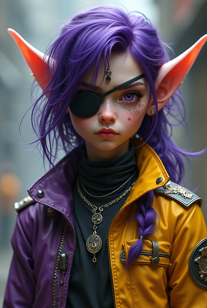 A rebellious elf with an eye patch and purple and yellow clothes.