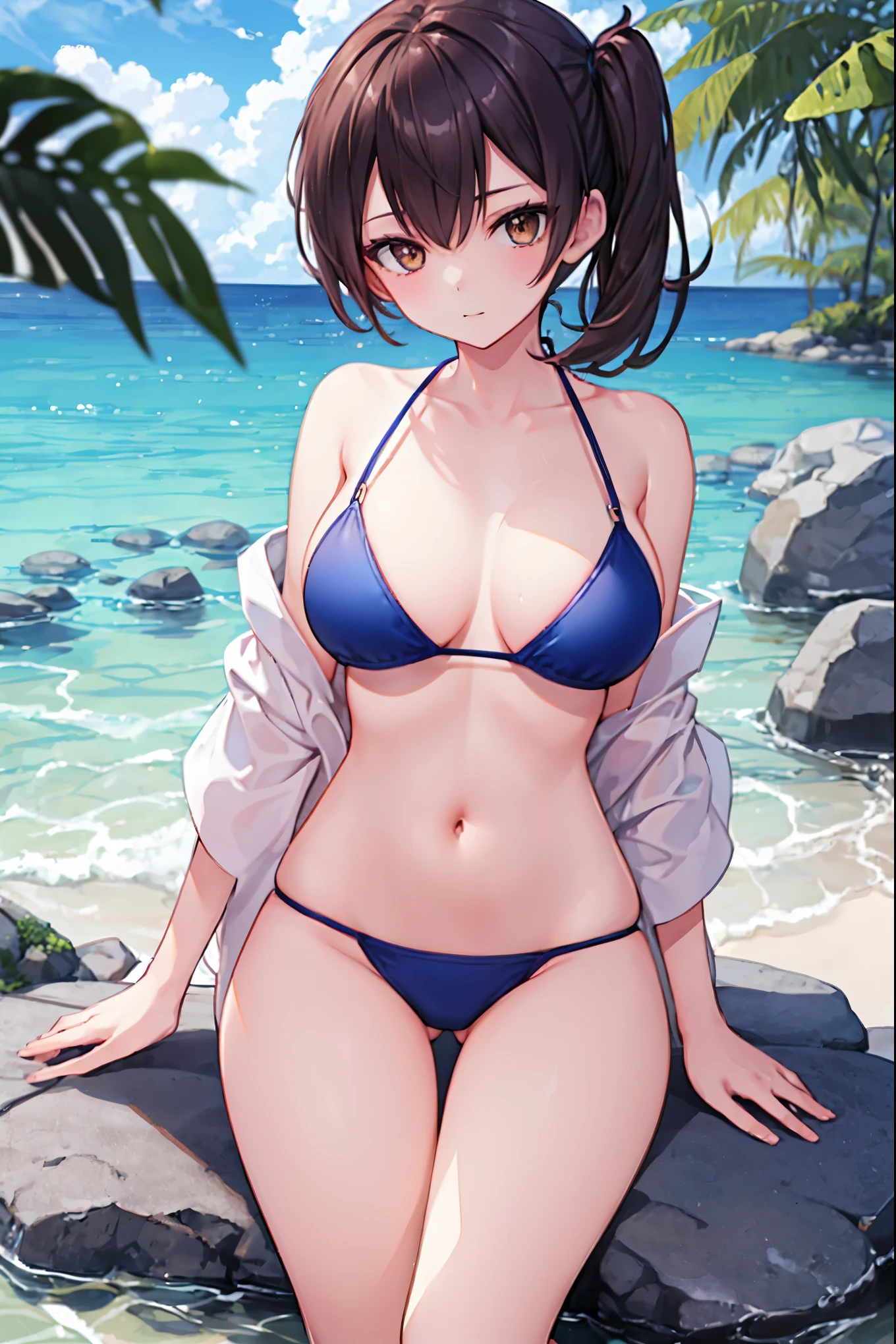 Beautiful illustration、top-quality、Kaga_kantaicollection
brown_hair, Side_Ponytail, brown_Eyes, Short_hair, (big_breasts:1.5) long_hair、Blue Bikini、 coast_landscape,(abs:0.5),navel,solo,(light_smile:0.6),(solo:1.5)。sandals,