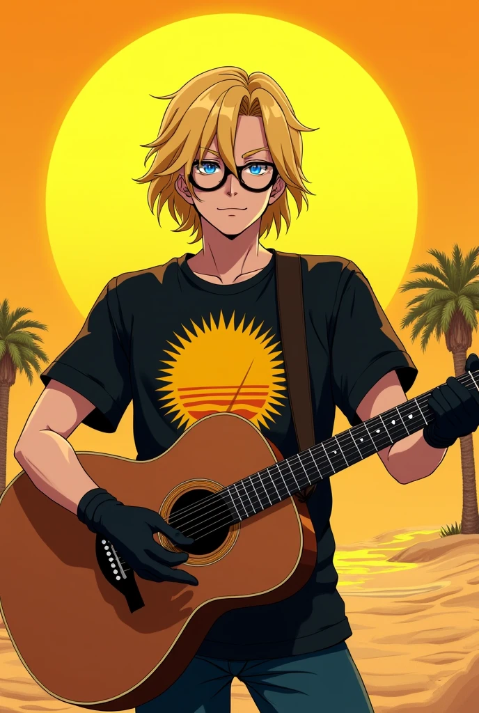 Anime man with black glasses and blond hair and a brown guitar and a yellow sun with black gloves and a black shirt with a yellow sun that says sublime