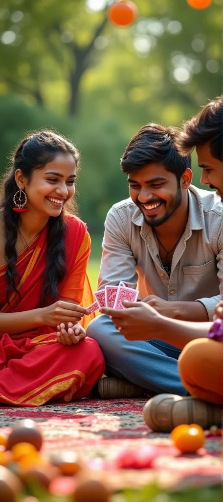 poster,Cover Design,Three Indian youngsters, two men and one woman, are playing cards outdoors.,Looking at the audience,carpet,fruit,Flowers,Trees,High-impact shots,Joyful smiles,photography,Photograph,