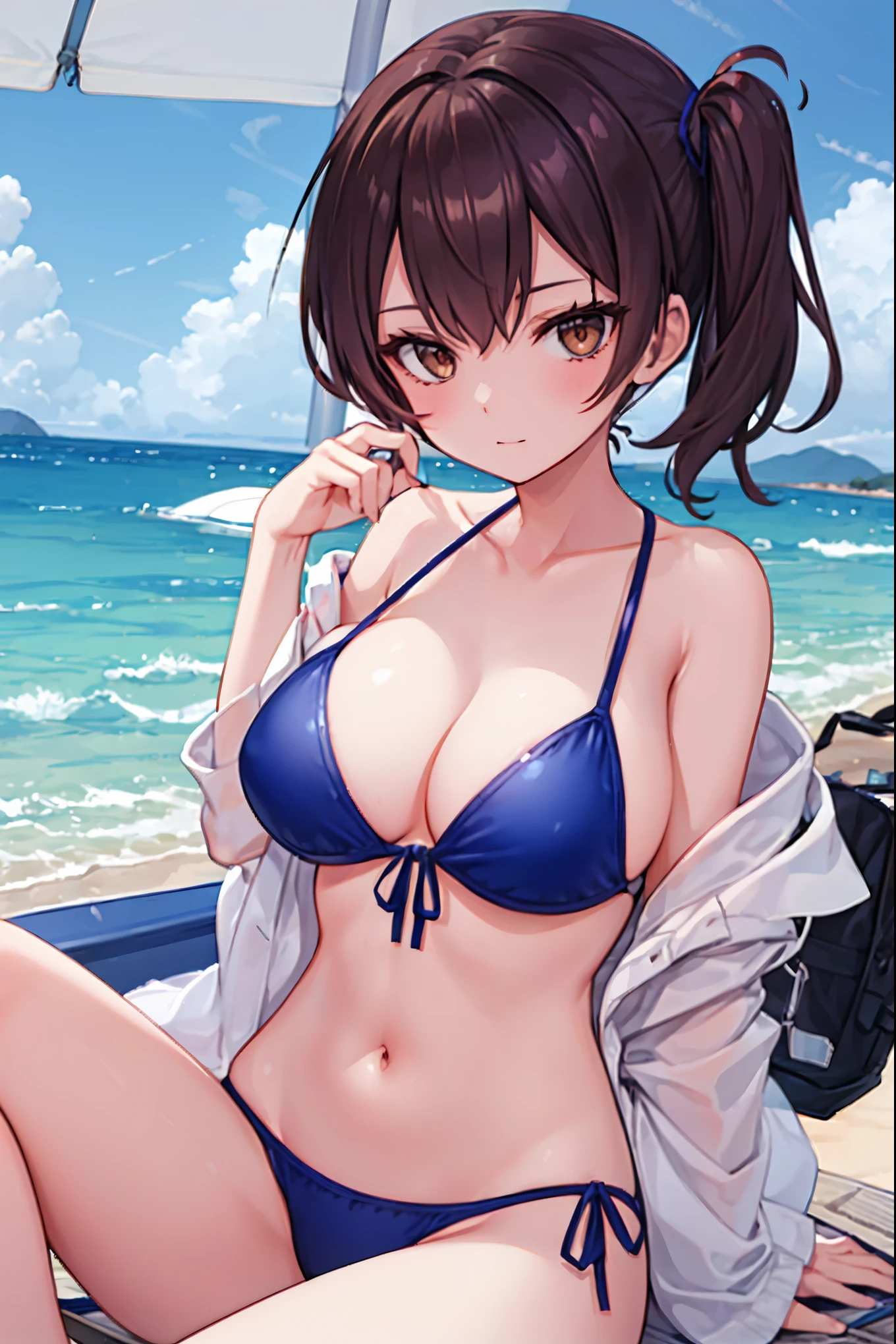 Beautiful illustration、top-quality、Kaga_kantaicollection
brown_hair, Side_Ponytail, brown_Eyes, Short_hair, (big_breasts:1.5) long_hair、Blue Bikini、 coast_landscape,(abs:0.5),navel,solo,(light_smile:0.6),(solo:1.5)。sandals,