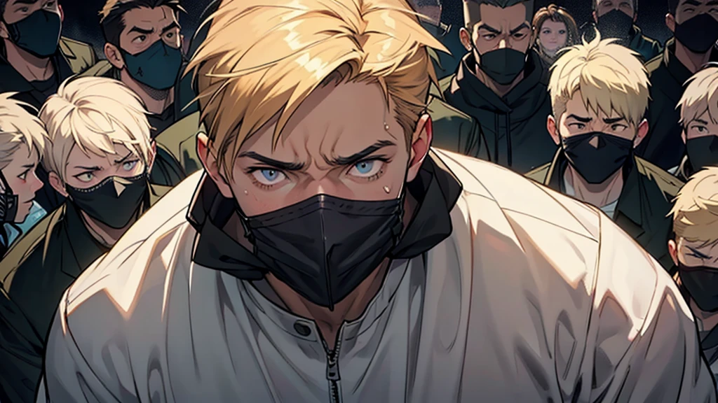 At the center, a man with highlighted fear, expression of despair, eyes wide, mouth taped shut, feeling of panic and suffocation. holding the head, crowd around without their mouths covered