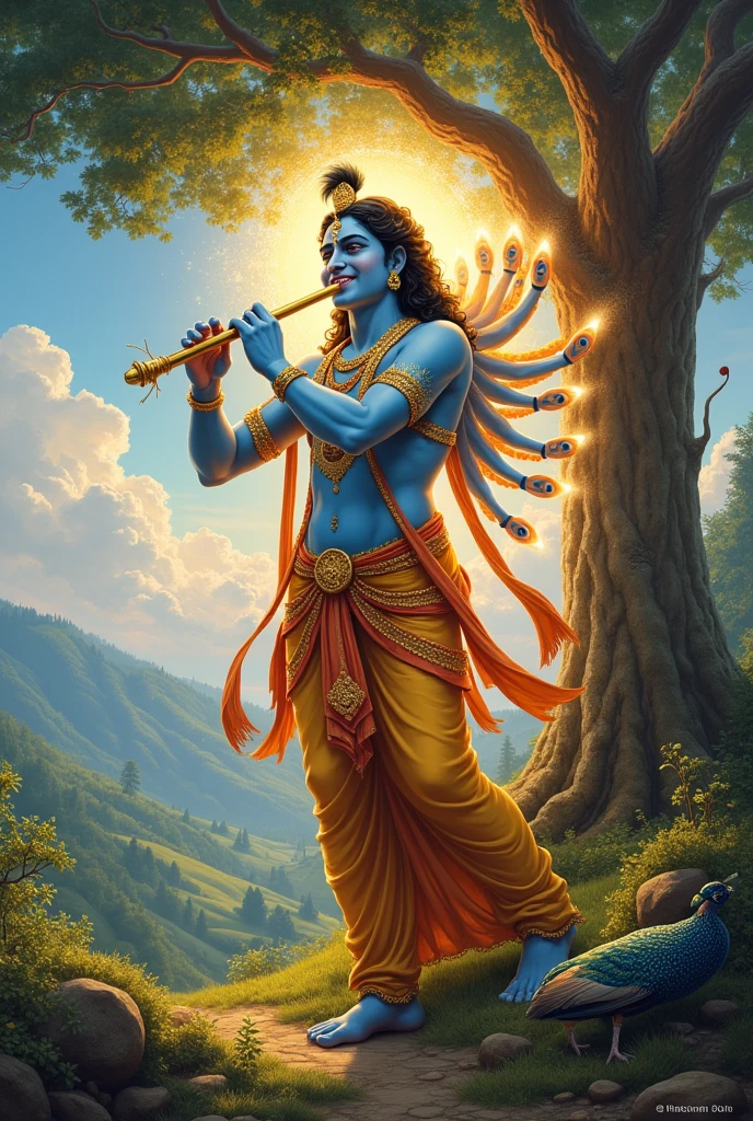 painting of Lord Krishna in his divine universal form, with countless heads, arms, and eyes radiating omnipotence and omniscience. Krishna stands beneath a majestic tree, playing a golden flute with his lips. His face is lit by a warm, heavenly glow as he giggles with divine joy, his eyes sparkling with mirth. The flute's melody fills the air, enchanting all who hear it. The background is a breathtaking, ethereal landscape with rolling hills, lush forests, and a clear blue sky. Peacocks dance nearby, adding to the magical atmosphere. Peacocks dance nearby, adding to the magical atmosphere. Every detail is meticulously rendered, from the intricate patterns on Krishna's skin to the texture of the tree bark and the individual blades of grass. The overall style is a seamless blend of realism and fantasy, capturing the essence of Krishna's divine nature