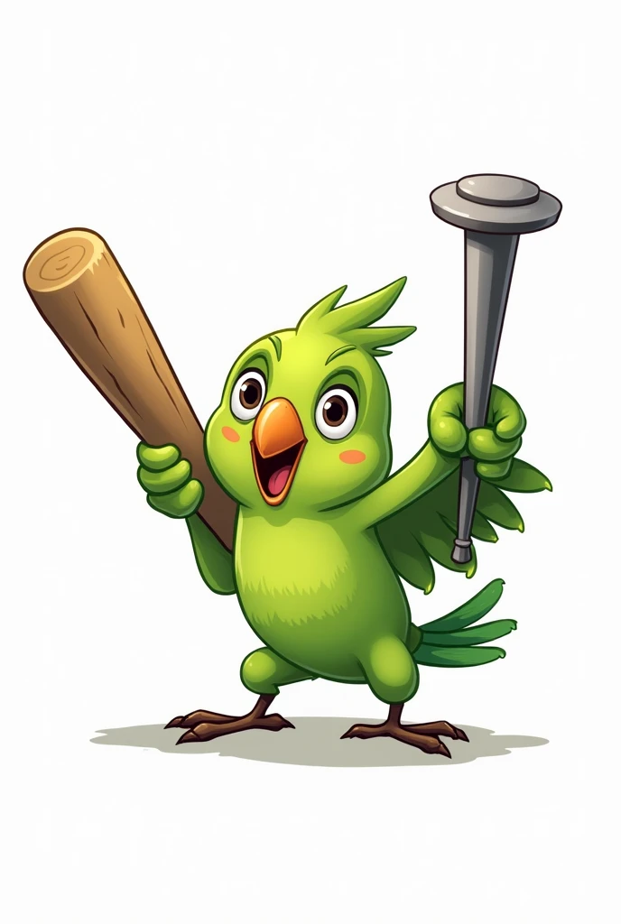 Cartoon of a green parrot with a wooden baseball bat with a big nail in one of its wings, White background