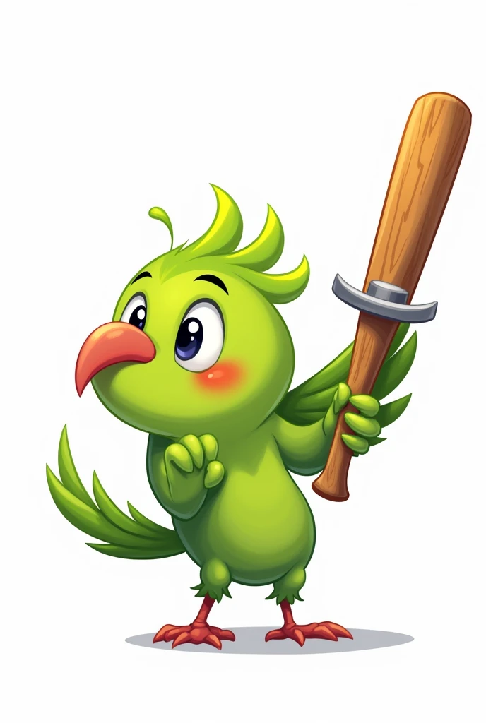 Cartoon of a green parrot with a wooden baseball bat with a big nail in one of its wings, White background