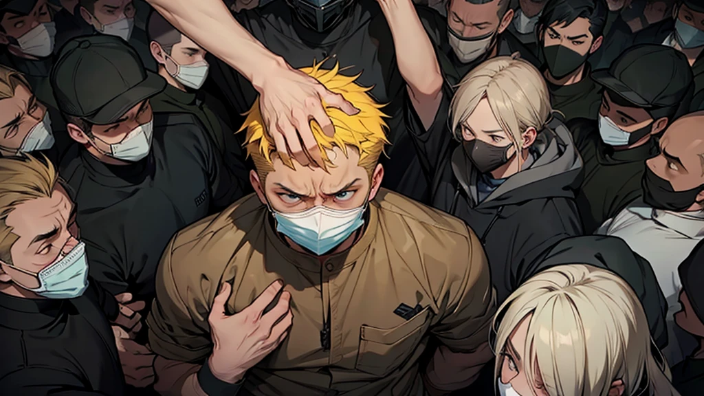 At the center, a man with highlighted fear, expression of despair, eyes wide, mouth taped shut, feeling of panic and suffocation. holding the head, crowd around without their mouths covered