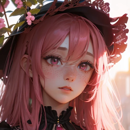 face portrait, 30 year old adult woman, with very long loose hair and curly black strands with pink strands, pale skin with freckles and pink, ruby-like eyes, wearing a beautiful and very feminine soft purple dress from the Victorian era