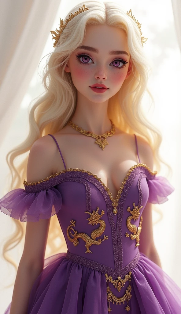 1 girl, full body shot (1.3),close up face shot (1.3), face shot, corridor,Soft Light, Targaryen Beauty,dress,Light-haired,long hair,
white background, gorgeous Targaryen girl, with thick and long wavy the palest of golden glossy hair, big and large wide deep plum purple bright eyes, long and thick curly golden eyelashes, upturned nose, high nose bridge, fullest and plumpest with a pout at the top rosy red luscious lips, oval face shape, shorter face, shorter chin, tiny face size, pale milky white traslucent perfect skin, whitening skin, hourglass curvaceous shaped body, tiny and narrow waist, rounded hips, long and slender beautiful legs, big perfect brests (1.4), large breasts, bust size 84 cm, waist 60 cm, hips 86 cm, bra size 32 C, tall at 5’7, full body image, realistic, photorealistic, ultradetailed, skin texture, hyperealismHigh Resolution, Closed Mouth, highly detailed, high resolution 8K, wearing a Targaryen princess dress with intricate golden dragons dancing sewed on the purple dress dress highliting her horglass body, detailed jewlry, 18-years-old