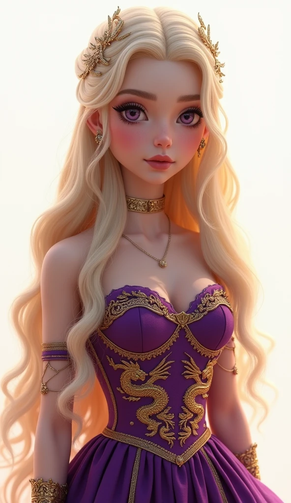 1 girl, full body shot (1.3),close up face shot (1.3), face shot, corridor,Soft Light, Targaryen Beauty,dress,Light-haired,long hair,
 white background, gorgeous Targaryen girl, with thick and long wavy the palest of golden glossy hair, big and large wide deep plum purple bright eyes, long and thick curly golden eyelashes, upturned nose, high nose bridge, fullest and plumpest with a pout at the top rosy red luscious lips, oval face shape, shorter face, shorter chin, tiny face size, pale milky white traslucent perfect skin, whitening skin, hourglass curvaceous shaped body, tiny and narrow waist, rounded hips, long and slender beautiful legs, big perfect brests (1.4), large breasts, bust size 84 cm, waist 60 cm, hips 86 cm, bra size 32 C, tall at 5’7, full body image, realistic, photorealistic, ultradetailed, skin texture, hyperealismHigh Resolution, Closed Mouth, highly detailed, high resolution 8K, wearing a Targaryen princess dress with intricate golden dragons dancing sewed on the purple dress dress highliting her horglass body, detailed jewlry, 18-years-old