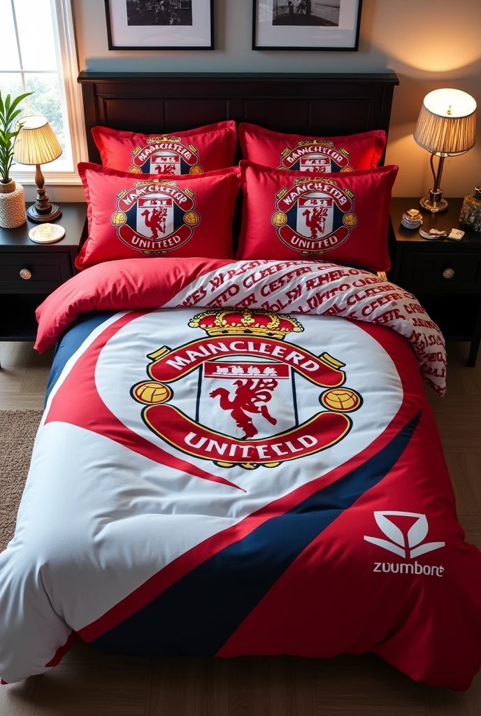 Example of a mattress that uses sheets and blankets with football club motifs