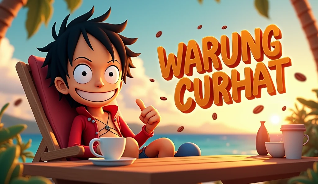 4D caricature of Luffy's big head. He is very confidently sitting relaxed on a lazy chair and hot coffee on the wooden table beside him, and his right showing thumbs up sign, while the big text "WARUNG CURHAT" with cheerful 3D letters and correct spelling, beside him. The bright sky of dusk background shows splashes of tea leaves, coffee beans, and empty bubble text, emphasizing the fun of spending time with friends. The cartoon emphasizes the details of the face and text, with a blend of subtle and bright colors. Hyperdetail, UHD 8K, 3D rendering.