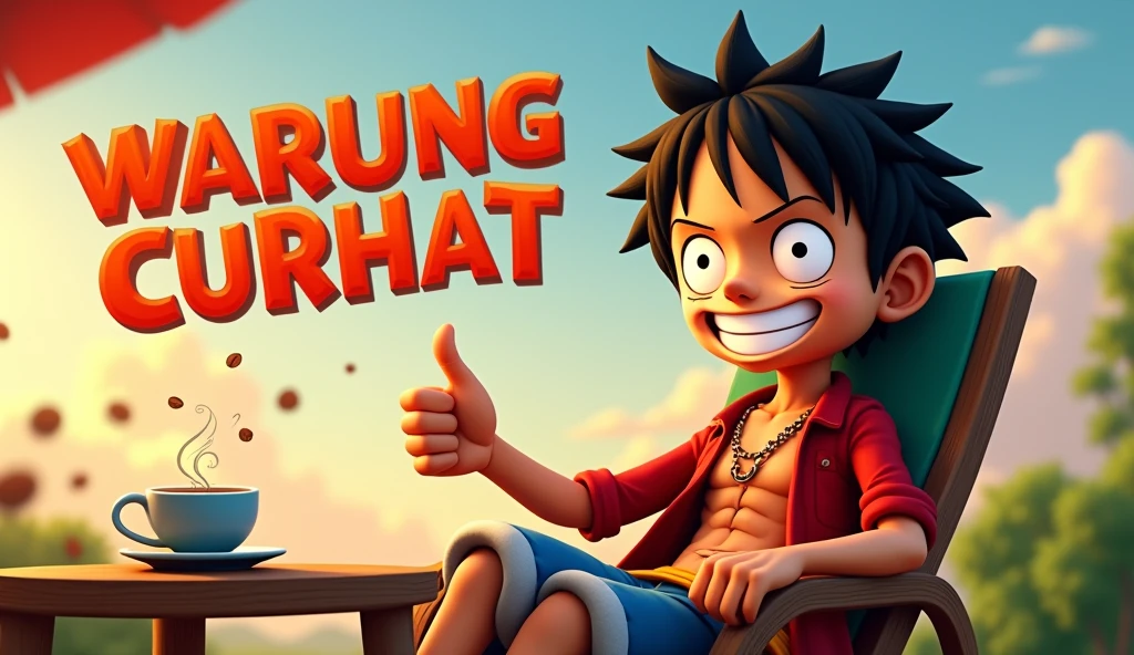 4D caricature of Luffy's big head. He is very confidently sitting relaxed on a lazy chair and hot coffee on the wooden table beside him, and his right showing thumbs up sign, while the big text "WARUNG CURHAT" with cheerful 3D letters and correct spelling, beside him. The bright sky of dusk background shows splashes of tea leaves, coffee beans, and empty bubble text, emphasizing the fun of spending time with friends. The cartoon emphasizes the details of the face and text, with a blend of subtle and bright colors. Hyperdetail, UHD 8K, 3D rendering.