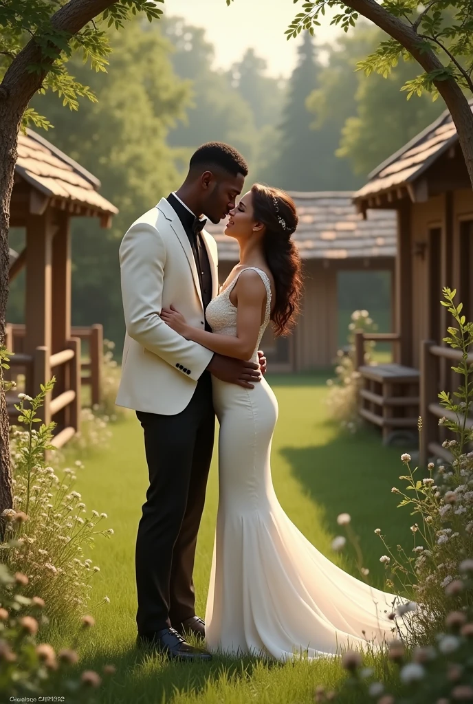Bride and groom.grrom is wearing white blazer black shirt and trouser. bride wearing white tight frock. They are in wooden and grass out door event like robinhood sherwood place.groom is choclat colour. Bride is white