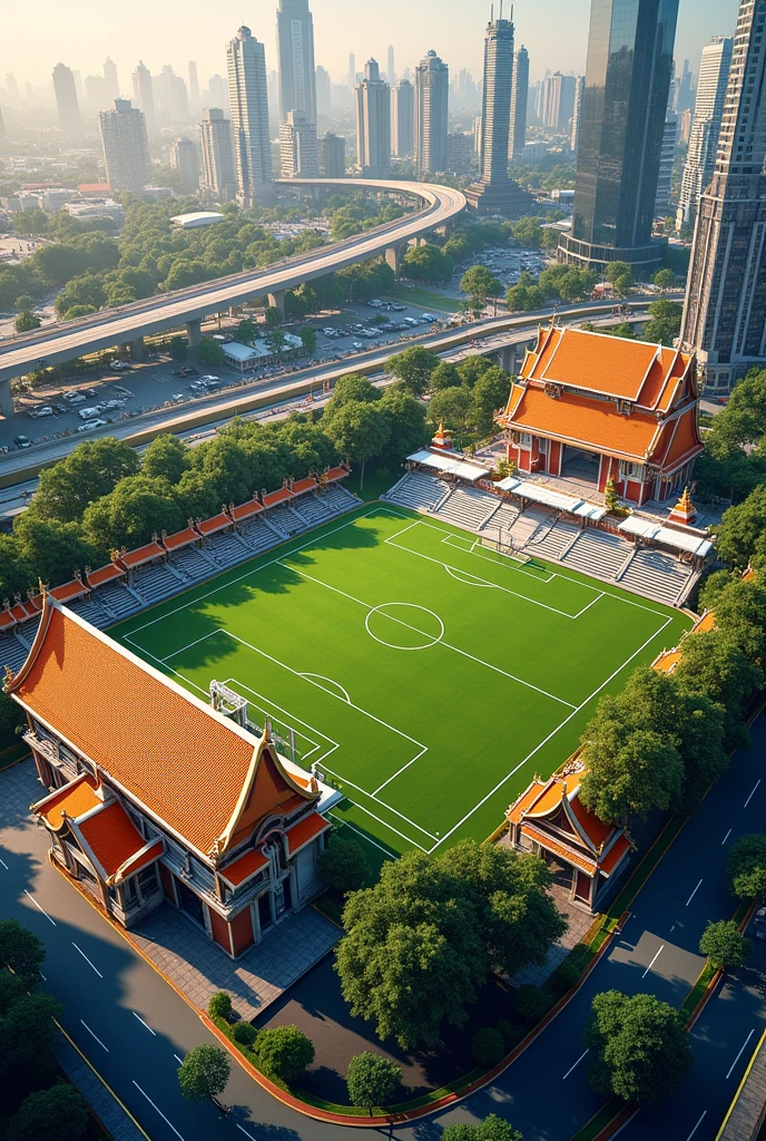 Create a picture of a modern Thai-style football field with a fountain, a parking lot, and a train station running into the field. Modern Thai style, in the middle of the city. The picture is realistic, high angle, beautiful light, Thai style, Thai pattern.