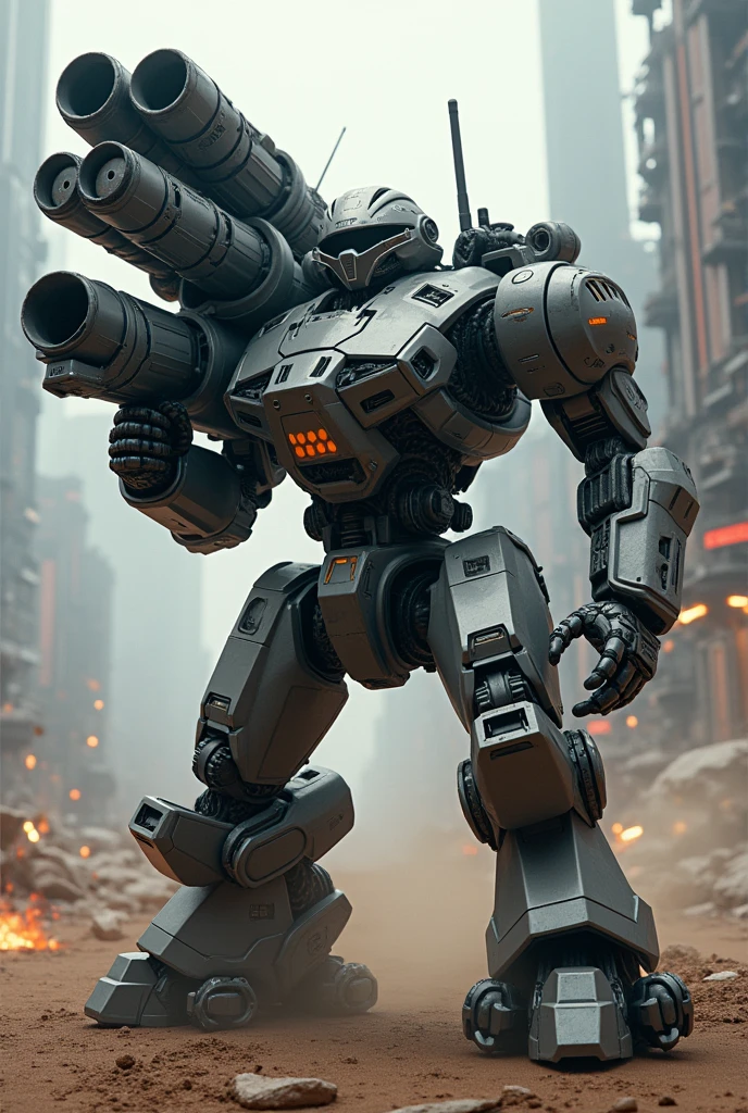 (Highest quality),  Detailed Background,sf、Future Weapons、 Placed on shoulder(100mm twin long-range gun ＋Large magazine)、Armed Mecha、、Armored warrior idea、Kneeling、In combat、