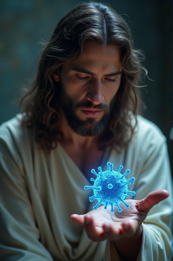 "Create a hyper-HD, ultra-hyper-realistic image of Jesus holding a small, glowing blue virus in the palm of his hand. Jesus is looking at the virus with a sense of amazement and curiosity, his expression reflecting a mix of wonder and contemplation. The virus has a slightly translucent appearance with a faint, ethereal glow. The background is softly lit, drawing attention to the details of the virus and Jesus's astonished expression. The scene should evoke a feeling of introspection and awe."