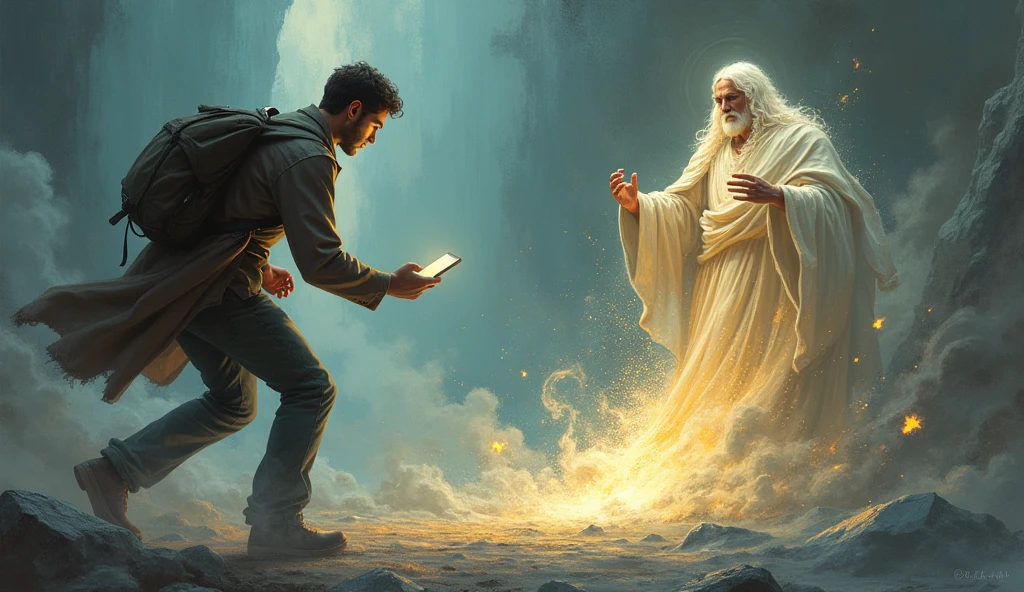 Man leaves God talking to himself, because he is in a hurry, is typing on the cell phone