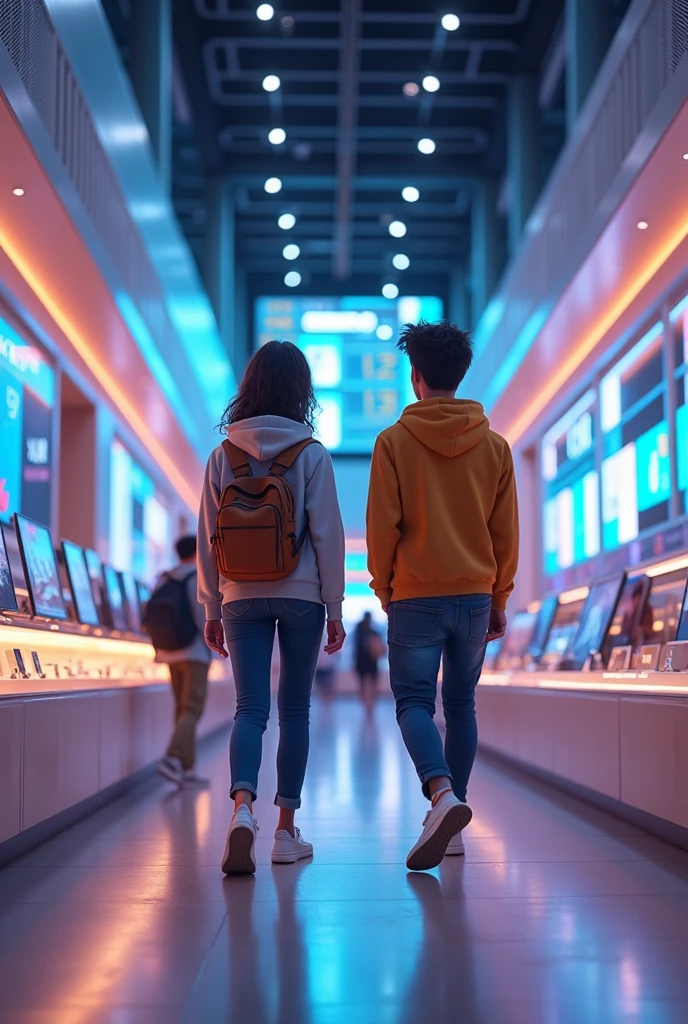 create a scene of two friends in a mall walking in front of electronics section 
