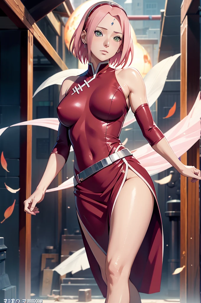 sakura haruno, exposed leg dress, maturebody, beautiful  face, sultry posing, big , illustration, high resolution, ultra details, realisitic, swirly vibrant colors, soft lighting, perfectbody, maturebody, delicious, hot, wind lifting the dress, Legs exposed.