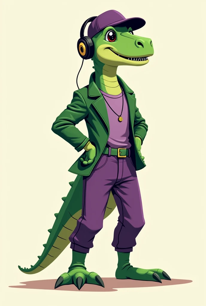 A stylish green 2d dinosaur standing with purple pants with a green belt a green jacket purple shirt a headset around his neck and a cap