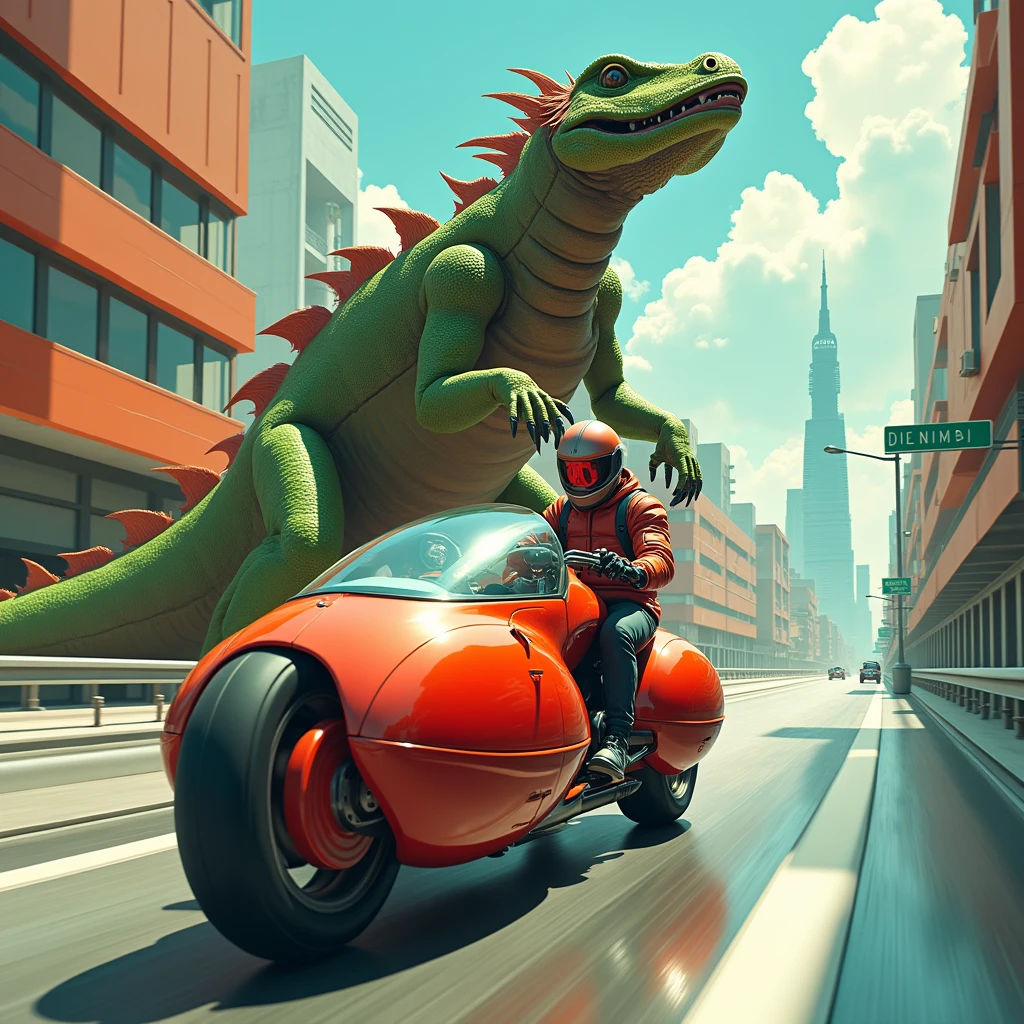 The red tempered glass motorcycle rides with its giant lizard in surreal armor down a modern, stilted street #1950 